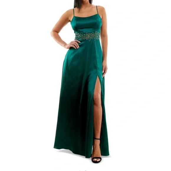 City Studio juniors womens satin embroidered evening dress hunter green